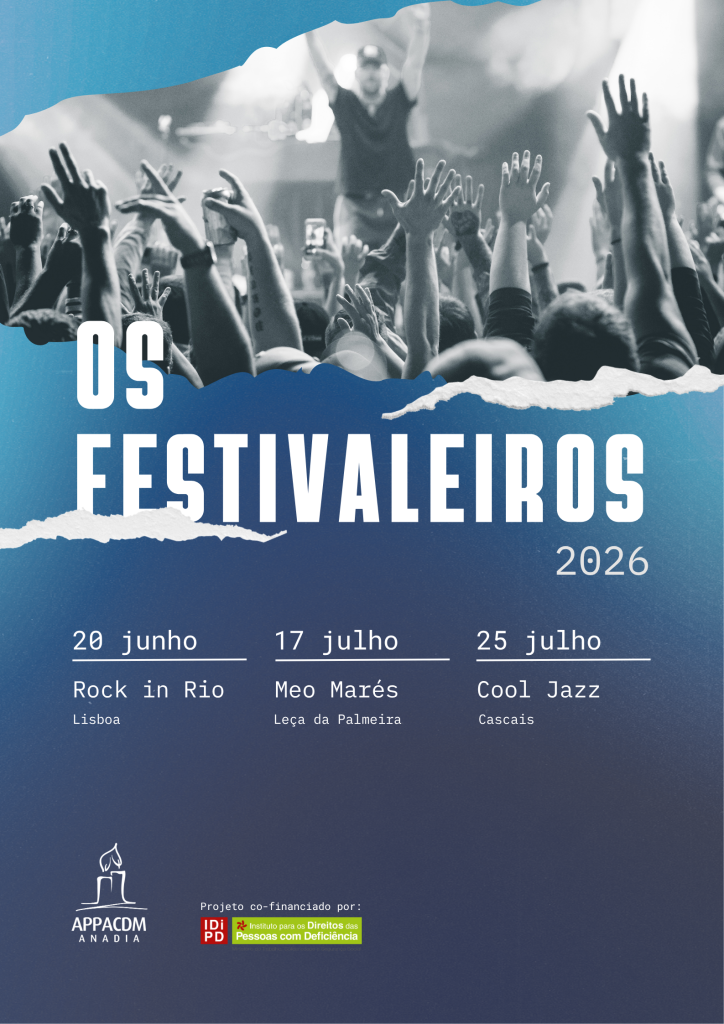 Cartaz ilustrativo do projeto. Imagem com um fundo em azul escuro e no topo uma imagem a preto branco com um grupo de pessoas com os braços no ar a assistir a um espetáculo. Abaixo da imagem lê-se o título "Os Festivaleiros 2026" e mais abaixo, em três colunas e com letras pequenas lê-se "20 junho, Rock in Rio, Lisboa" na coluna à esquerda, "17 julho, Meo Marés, Leça da Palmeira" na coluna central, e "25 julho, Cool Jazz, cascais" na coluna da direita. No fundo à esquerda está o logótipo da APPCDM de Anadia e ao lado direito deste, lê-se "Projeto co-financiado por" com a imagem do logotipo do IDIPD por baixo.